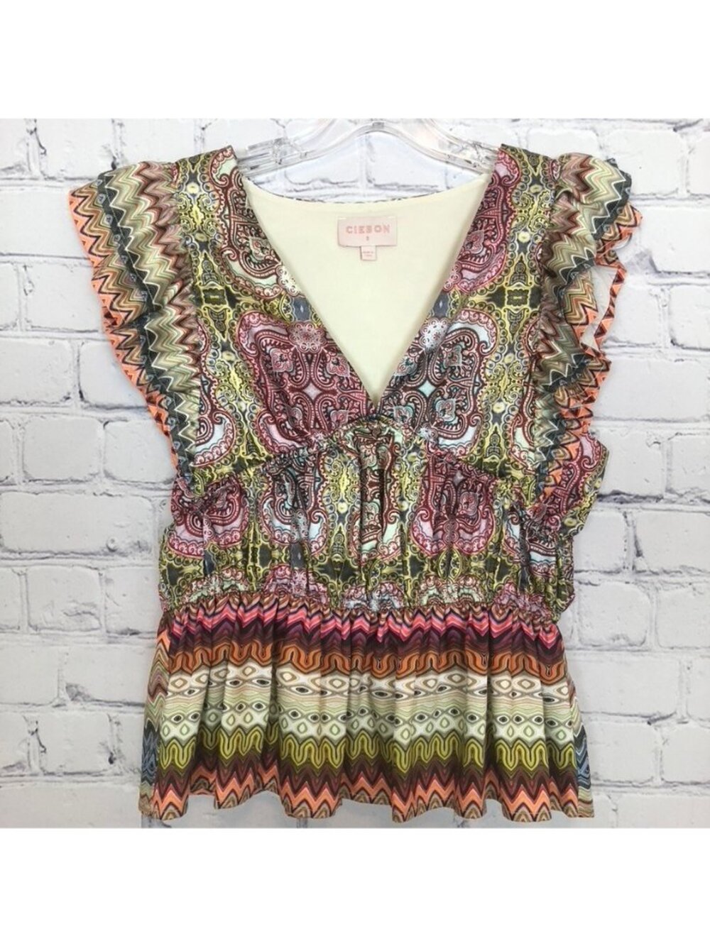 Ciebon Flutter Sleeve Shirred Waist Top Size S